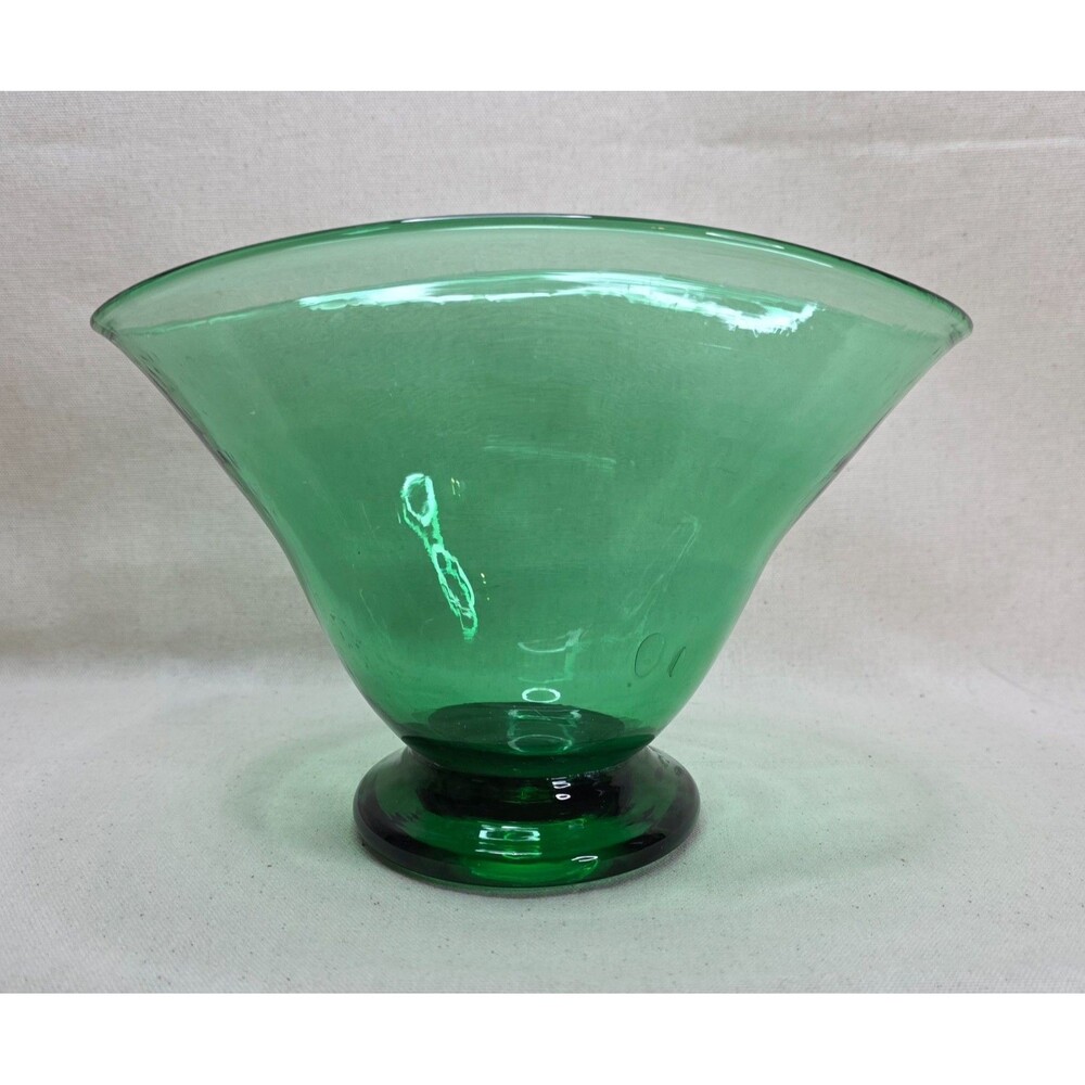 VTG Blenko | Green Glass Fan Form Vase | Mid Century Hand Blown Art Glass | 6"